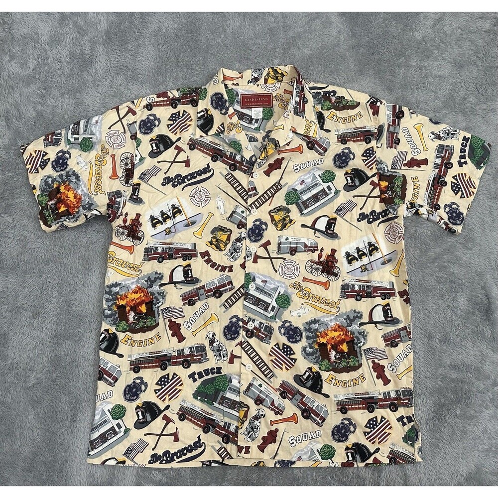 Kimoshan Cotton Hawaiian Style Shirt ~ Fire Department /Rescue Icons ~ XL